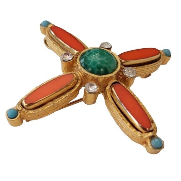 Gold Tone Orange Bezel Set, Green Mottled Cab Maltese Cross Brooch Pendant E782 - Picture 5 of 10